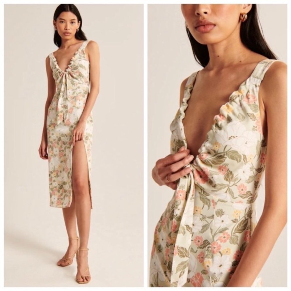 Abercrombie Cinched Neck Slip Midi Dress in Pale Green Floral XL